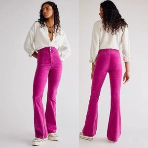 Free People Jayde Cord Flare Fuchsia Pink Super High Rise Yoke Stitch NWT Sz 31